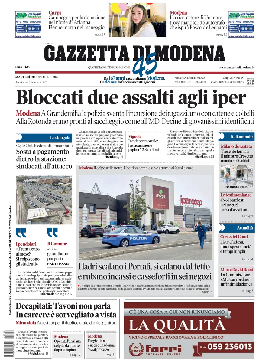 Prima-pagina-gazzetta di modena-oggi-edizione-del-2026-10-20